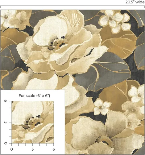 Vista 9 de NextWall Nouveau - Papel tapiz floral para despegar y pegar (ébano y oro antiguo)
