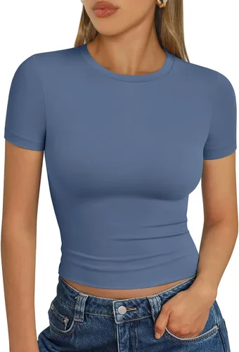 Vista 31 de Trendy Queen - Camisetas básicas para mujer, camisetas de verano 2025, de manga corta, ajustadas, para gimnasio, entrenamiento, ropa estilo Y2K