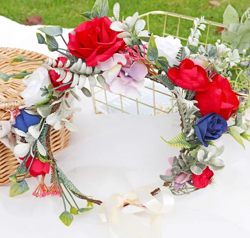 Vista 5 de Vivivalue Diadema ajustable de flores, corona de flores, corona para el cabello, diadema floral Halo Boho con cinta, fotos de fiesta de boda