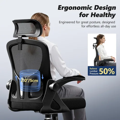 Vista 3 de Silla de oficina ergonómica, silla de escritorio de respaldo alto con brazos abatibles, silla de computadora de malla de 300 libras
