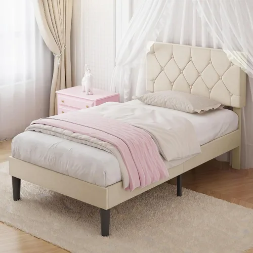 Vista 3 de VECELO Twin Bed Frame with Upholstered Tufted Headboard, Beige