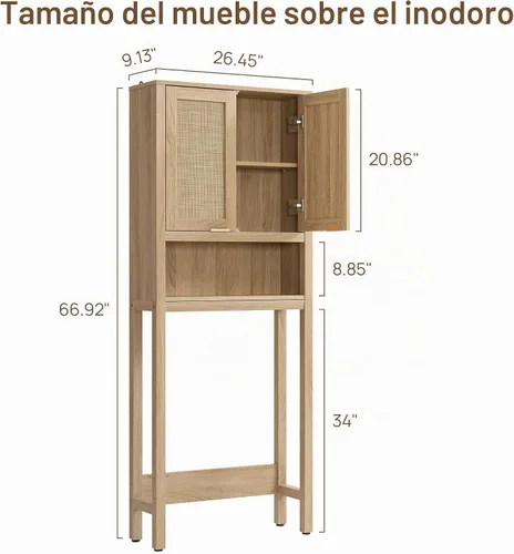 Vista 2 de SICOTAS Over the Toilet Storage Cabinet, Rattan Door Bathroom Organizer Roble claro recuperado