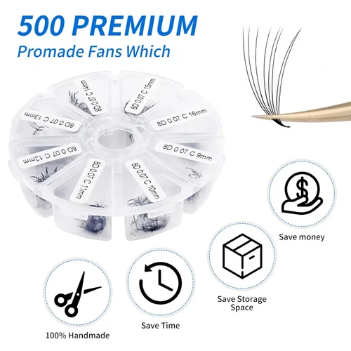 Vista 9 de Extensiones de pestañas de 1200 fans, prefabricadas, con volumen, 9-20mm, bandeja mixta, 20D, con punta en C, base puntiaguda, extensiones