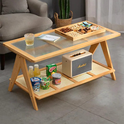 Vista 9 de Gdrasuya10 Mesa de centro moderna de bambú para sala de estar, mesa auxiliar rectangular de 2 niveles, mesa central de vidrio, estante