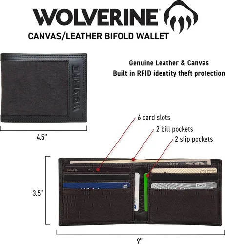 Vista 5 de WOLVERINE Men's Bifold Leather and Canvas Wallets