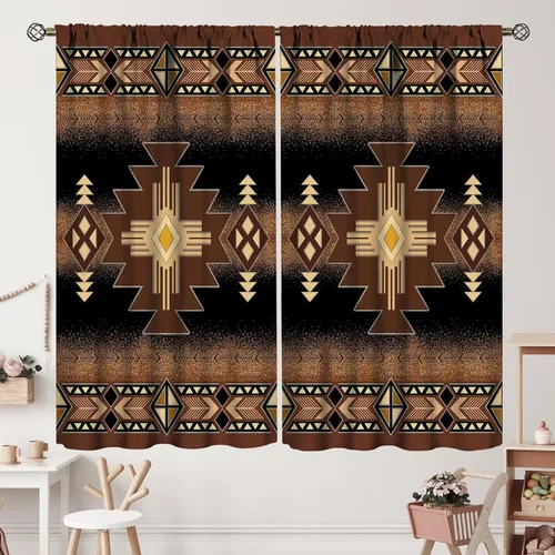 Vista 207 de Cortinas con patrón geométrico tribal, estilo suroeste, azteca, rústico, occidental, nativo americano, opacas, con bolsillo para barra, decoración