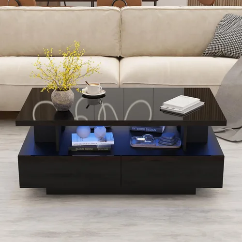 Vista 3 de MHOM Mesa de centro LED de 41.3 pulgadas, moderna mesa de sala de estar de alto brillo con 4 cajones, elegante mesa central para sala de estar, Negro