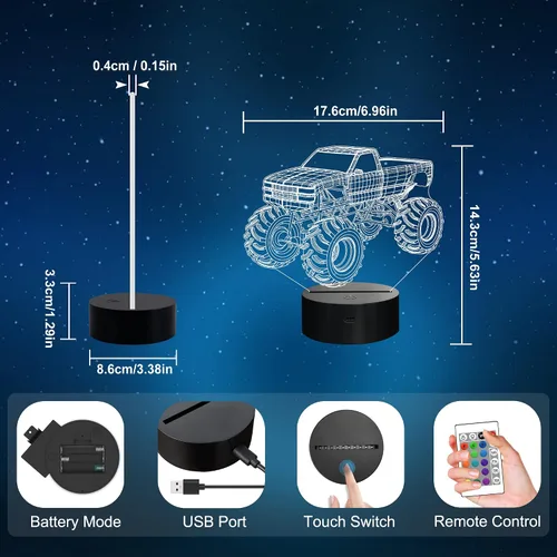 Vista 7 de Luces nocturnas 3D para niños, lámpara nocturna para niños, camiones monstruo para niños, 16 colores LED que cambian de iluminación, iluminación