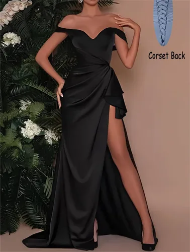 Vista 2 de Off Shoulder Bridesmaid Dresses with Pleated Mermaid Satin Formal Party Gowns for Wedding