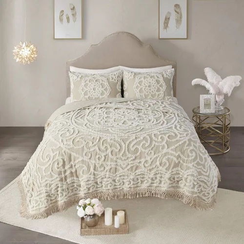 Vista 14 de Madison Park Laetitia - Juego de colcha ligera 100% algodón, chenilla mullida transpirable, diseño bohemio shabby chic con medallón, funda
