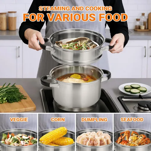 Vista 6 de Kirecoo Vaporizador de 3.2 cuartos de galón para cocinar - Olla de vapor de acero inoxidable con cesta de vapor, olla de cocción con mango