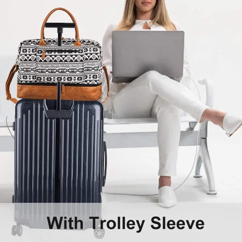 Vista 3 de MyMealivos Bolsa de lona para el fin de semana o viaje durante la noche bolsa de tela de lana gruesa con bolsa para zapatos Negro 43237-2