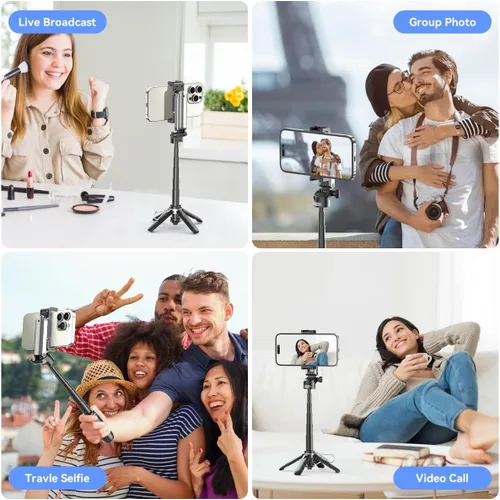 Vista 7 de Mini trípode retráctil para teléfono celular, trípode portátil para selfie stick de viaje con soporte para teléfono celular de control remoto
