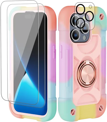 Vista 13 de Funda para iPhone 11 de 6.1 pulgadas con soporte de anillo, con 2 protectores de pantalla de vidrio, resistente a los golpes, resistente a