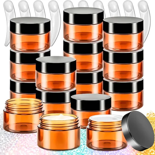 Vista 20 de Paquete de 50 de 10 g pequeños contenedores de cosméticos de plástico con tapas, frascos de maquillaje de 10 gramos de color ámbar con espátulas