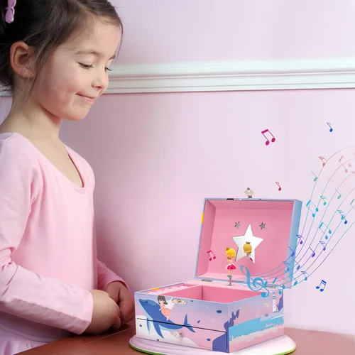 Vista 5 de HAMOPY Joyero musical para niñas con cajón y juego de joyas con princesa giratoria para regalo de cumpleaños, Navidad, caja de música de princesa