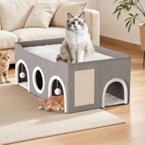 Vista 8 de Top Bed - Condominios para gatos de tres habitaciones, casa para gatos extra ancha todo en 1 para interiores, múltiples gatos familia de cachorros