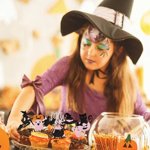 Vista 6 de Paquete de 24 adornos para cupcakes de Halloween con purpurina rosa, fantasma, pequeño abucheo, murciélago, bruja, gato, calabaza, magdalena