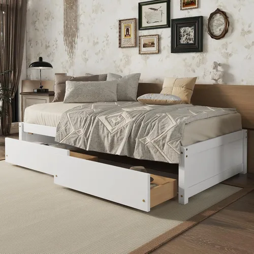 Vista 24 de HomSof Cama individual con 2 cajones, madera maciza, no necesita somier, gris