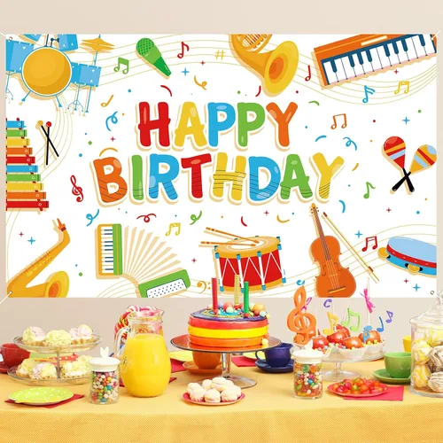 Vista 2 de Cartel de notas musicales para niños, decoración de feliz cumpleaños, instrumento musical, fondo de fiesta de rock and roll para niños y niñas