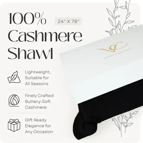 Vista 6 de Velanio Cashmere Bufanda de pashmina de cachemira 100% tejida, chal extra grande para mujer, estola de viaje Negro