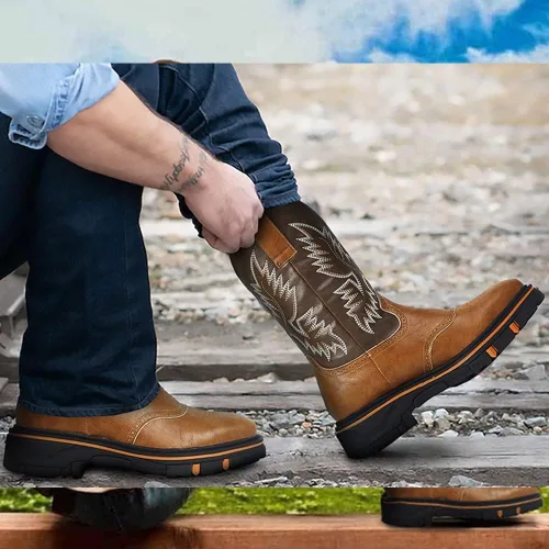 Vista 3 de Botas vaqueras bordadas para hombre, botas vaqueras duraderas con punta cuadrada, tacón grueso, plataforma de piel sintética, botas de media