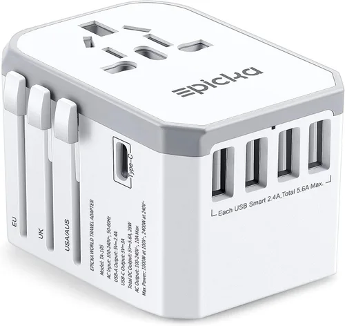 Vista 7 de EPICKA Adaptador de viaje universal, adaptador de enchufe de viaje europeo (no un convertidor de voltaje), adaptador de corriente internacional Gris