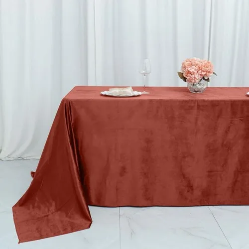 Vista 2 de Tableclothsfactory Mantel rectangular de terciopelo terracota de alta calidad de 90 x 132 pulgadas para eventos de fiesta de boda