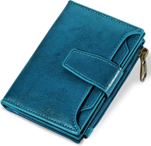 Vista 30 de Airkit Cartera para mujer, pequeña cartera de cuero para mujer, plegable, compacta, con bloqueo RFID, tarjetero de crédito, mini bolso de viaje