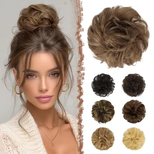 Vista 14 de FESHFEN - Extensiones de moño desordenado humano 100% cabello real, piezas de cabello rizado, extensiones de cola de caballo, cabello ondulado