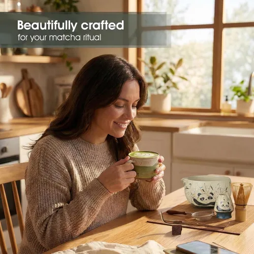Vista 4 de Juego de batidor de matcha de 7 piezas con cuenco y batidor de 100 puntas Intricate Hand-Applied Decal, Bamboo Tea Mat Included, 100-Prong for