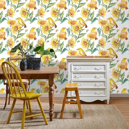 Vista 6 de VaryStyle Papel tapiz vintage de girasol de 17.7 x 118 pulgadas, acuarela amarillo brillante/verde, pájaros florales, despegar y pegar, papel