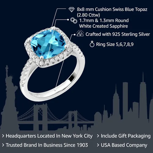 Vista 2 de Gem Stone King Anillo de compromiso de plata de ley 925 con topacio azul suizo y zafiro blanco creado para mujer