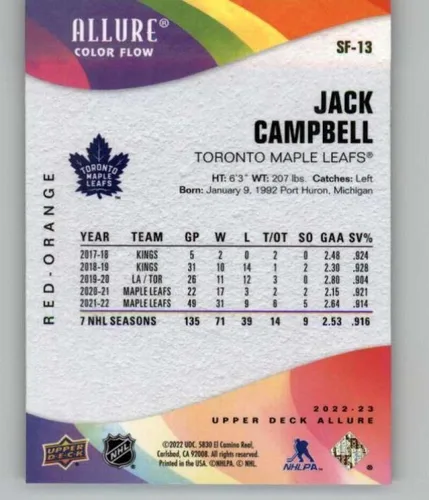 Vista 2 de 2022-23 Upper Deck Allure Color Flow Red-Orange #SF-13 Jack Campbell Toronto Maple Leafs NHL Hockey Trading Card