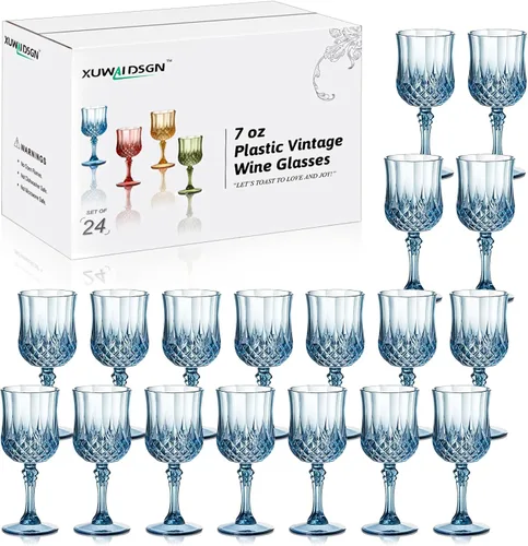 Vista 22 de XUWAIDSGN 16 Piezas Copas de Vino Vintage de Plástico de 7oz Vasos para Beber Irrompibles Cristalería para Bodas Copas de Agua de Cristal