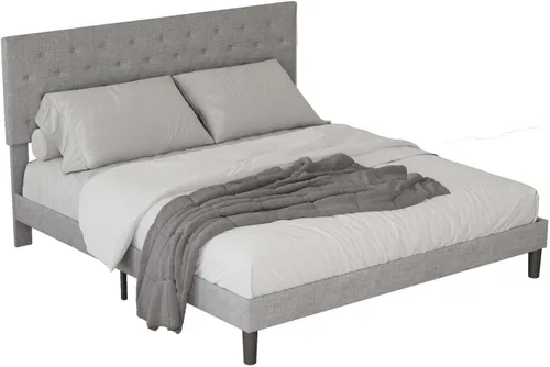 Vista 7 de Base de cama tapizada de tamaño matrimonial con cabecera de botón ajustable, base de colchón con soporte de listones de madera, no necesita somier
