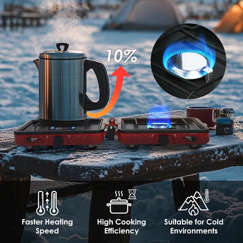 Vista 4 de RexTact Estufa de campamento de 2 quemadores con bolsa de transporte, estufa de campamento de propano plegable con 17,200 BTU para campamento