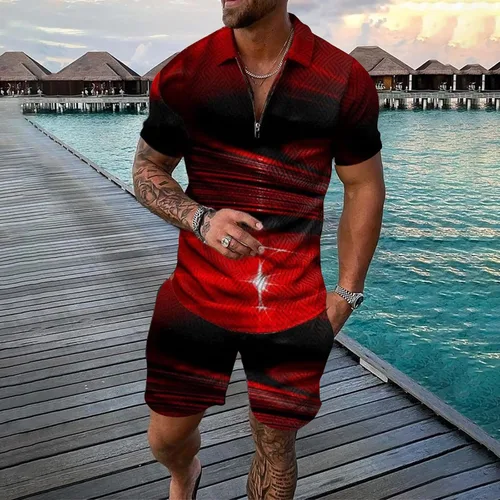 Vista 2 de Fxbar Trajes de 2 piezas para hombre, trajes de vacaciones tropicales, trajes de vacaciones en la playa, camisa a rayas, camisa tropical para hombre