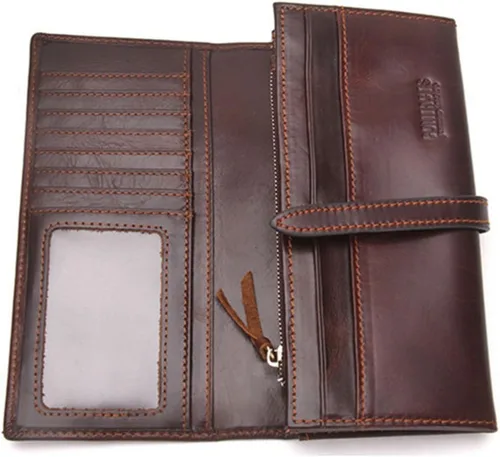 Vista 3 de Cartera larga de cuero plegable estilo vintage para hombres, Marrón