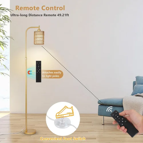 Vista 6 de LAMSU Modernas lámparas de pie doradas para sala de estar, lámpara de pie de ratán bohemio con bombilla LED regulable y control remoto, lámpara