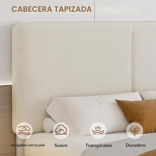 Vista 3 de VECELO Base de cama tamaño matrimonial tapizada con cabecera de algodón y lino ajustable en altura, listones de madera resistente, espacio debajo