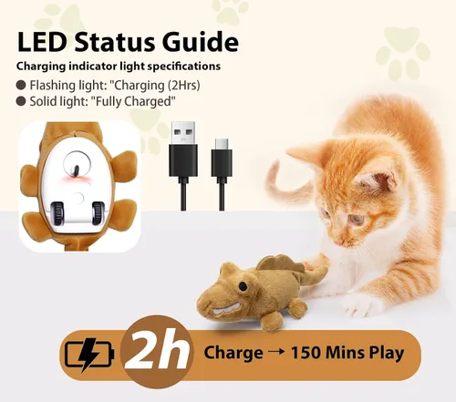 Vista 3 de Juguetes interactivos para gatos de interior – Caimán de movimiento automático con movimiento aleatorio de 360° y meneo de cola, juguete