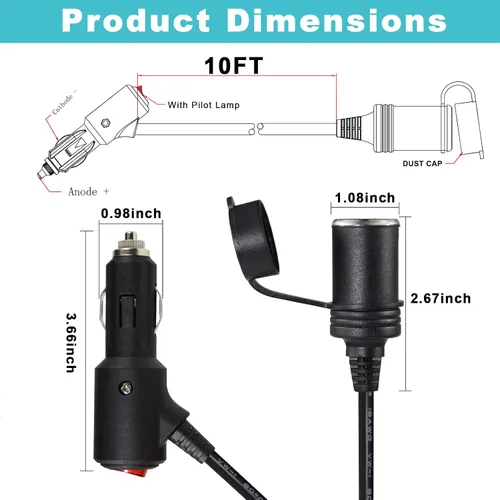 Vista 2 de Cable de extensión de encendedor de cigarrillos CC de 10 pies y 12 voltios con interruptor de encendido y apagado, cable de extensión de carga