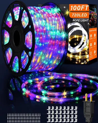 Vista 7 de Guirnalda de Luces para Exterior Impermeable de Navidad 100 pies 720 LED, Luces de Tubo Conectables Flexibles, Iluminación Decorativa de Cadena
