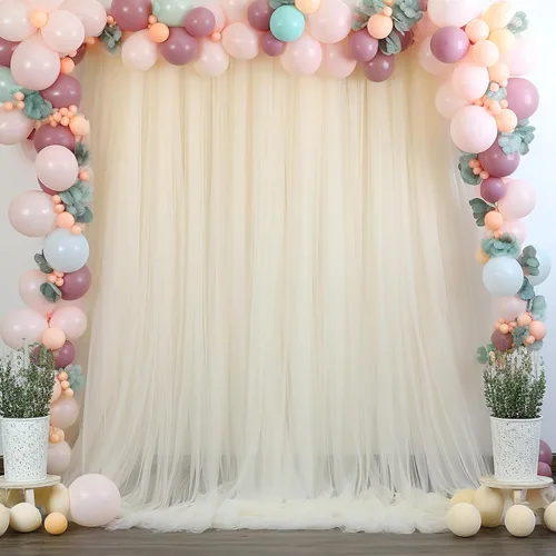 Vista 2 de Telón de fondo de tul transparente champán sin arrugas para fiestas, telón de fondo de boda, para fiesta de cumpleaños, baby shower, decoración