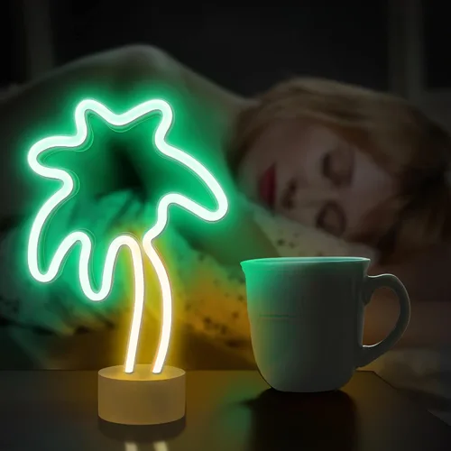 Vista 5 de Lumoonosity Palm Tree Lights - Letrero de neón de palmera verde y amarillo para dormitorio, sala de juegos, luz de neón con batería/USB, con soporte