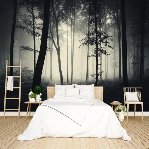 Vista 17 de Hermoso papel pintado de naturaleza verde con bosque grande, árbol gigante, paisajes de la jungla, murales de escenas de dormitorio, decoración