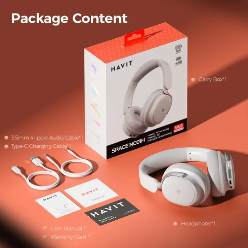 Vista 9 de havit Auriculares con cancelación de ruido sobre la oreja, auriculares inalámbricos Bluetooth con tiempo de reproducción de 132 horas, carga rápida