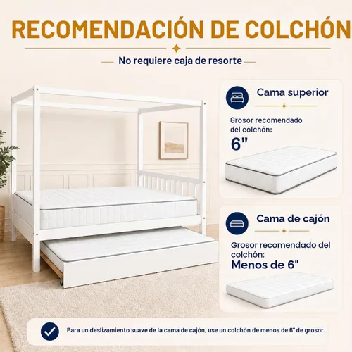 Vista 7 de NAFORT Cama con dosel de tamaño matrimonial con nido, marco de madera maciza para niños y adolescentes, soporte resistente de 600 libras, cama