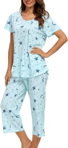 Vista 29 de ENJOYNIGHT Conjuntos de pijama de algodón para mujer, pijamas de verano con pantalones capri, ropa de dormir Gato negro